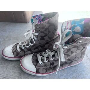 Coach Bonney High Top Sneakers Brown Signature Monogram Pink Pop Art Q509 7B